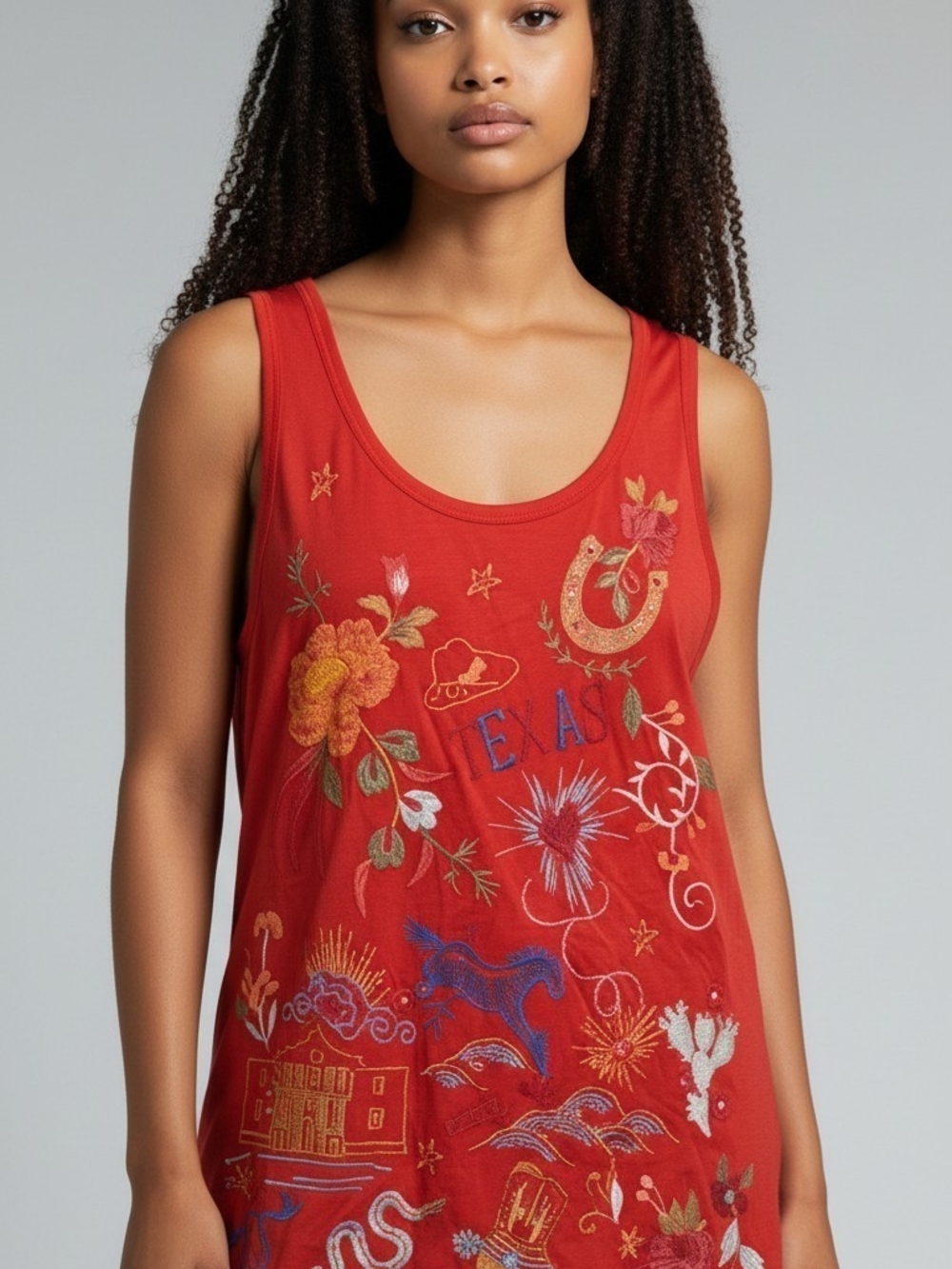 Johnny WAS Embroidered Red Texas Tank Top